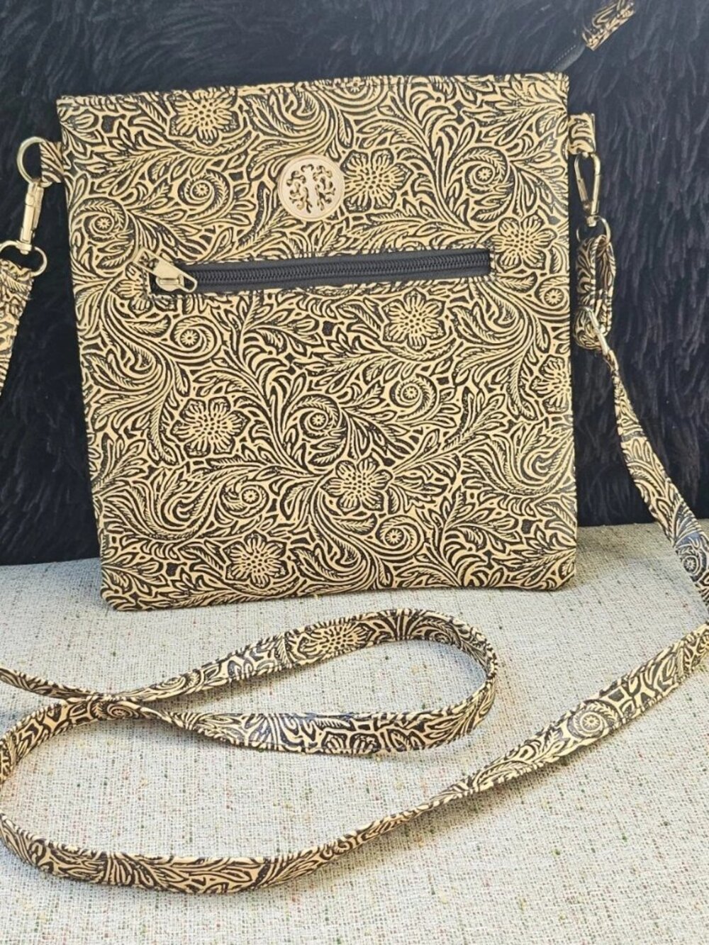 Fashion Crossbody Bag Brown Floral Pattern Faux Vegan Leather Shoulder Bag